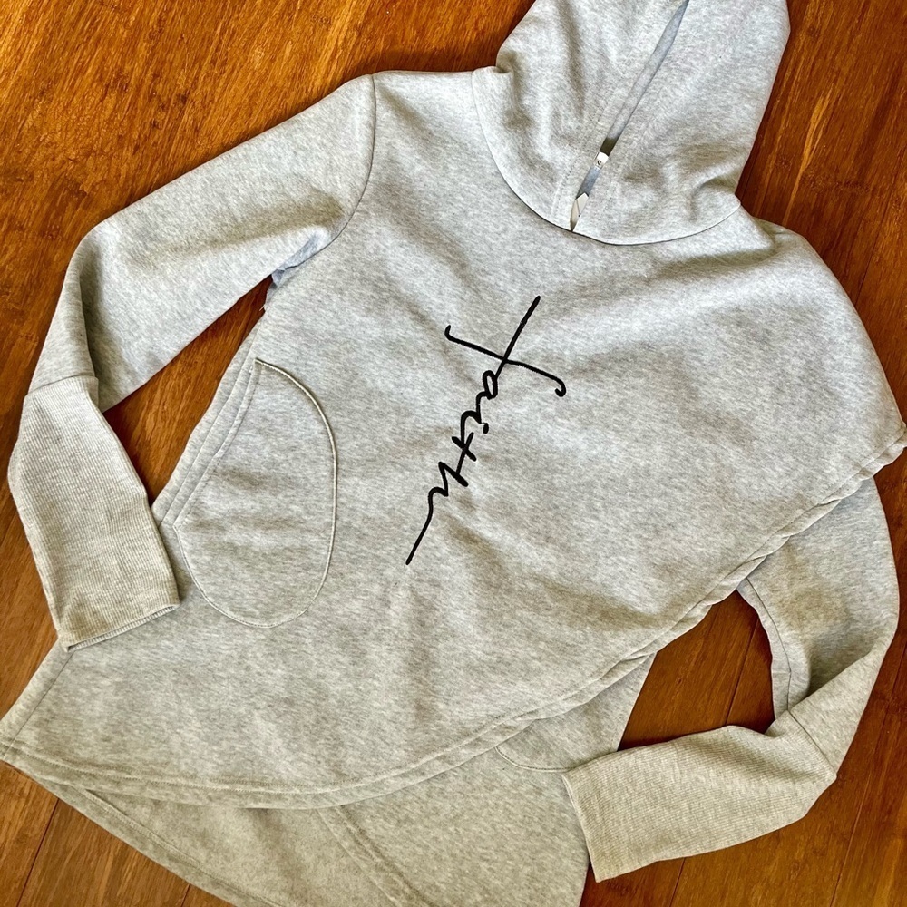 Hoodie Sweatshirt Faith Print Gray Christian Athletic Wear Cozywear Athleisure S - Picture 1 of 9